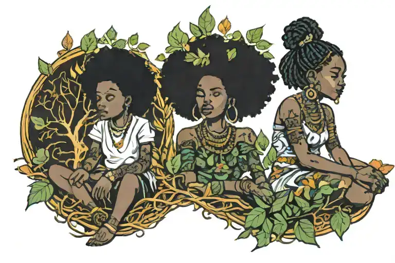Family Tree Bright Leaves Two Girls Sitting Nubian Queen Watchingbover Them