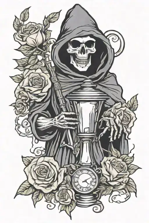 Grim Reaper Holding Hour Glass Roses Blooming