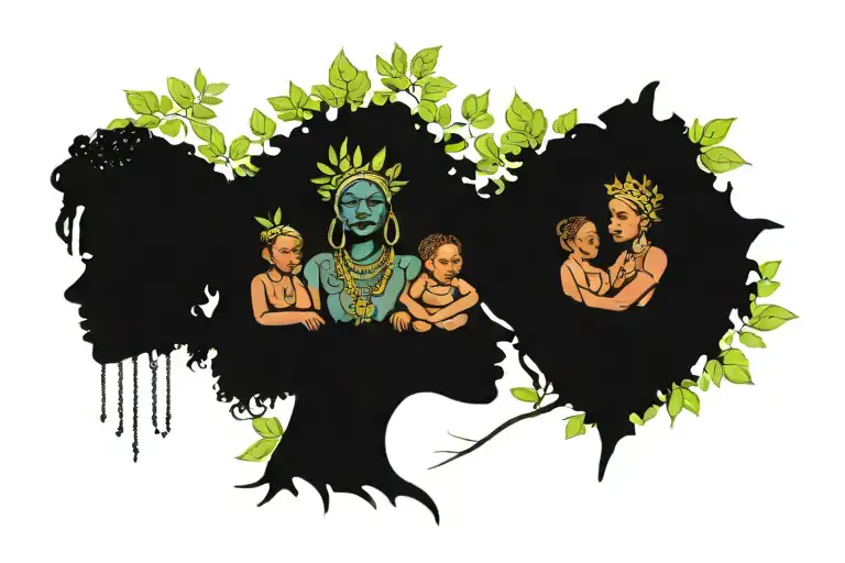 Family Tree Bright Leaves Two Girls Sitting Nubian Queen Watchingbover Them