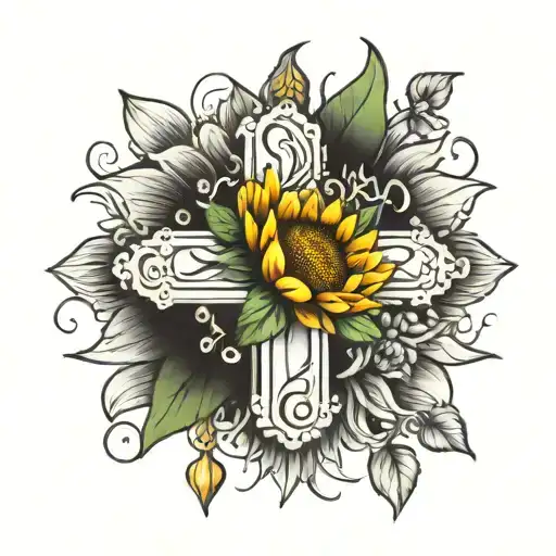 Cross With Crown On Top And Sunshine Sunflower Intertwined