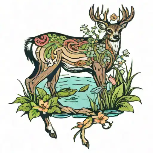 Deer By A Pond With Bass In The Pond Woth Frogs On Lilipads And Butterflies