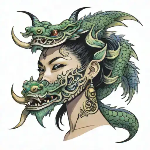 Asian Girl Wearing Lao Dragon Mask Split In Half