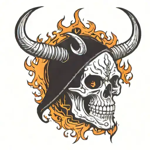 Skull Looking Right With Devil Horns And Fire Eyes