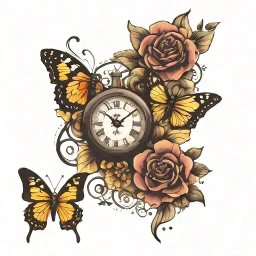 Clock Flowers Butterflies
