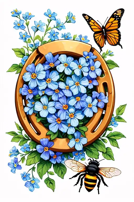 Horseshoe With Forget Me Not Flowers A Butterfly And A Bee