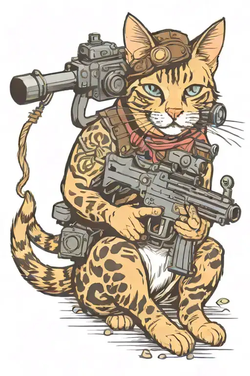 A Cute Realistic Cat With A Machine Gun