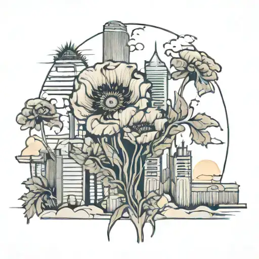 City Skyline Poppy Flowers Fire Smoke Weed Leaf