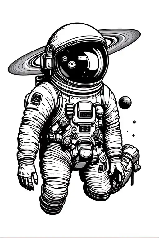 Astronaut And Saturn In One Line Drawing