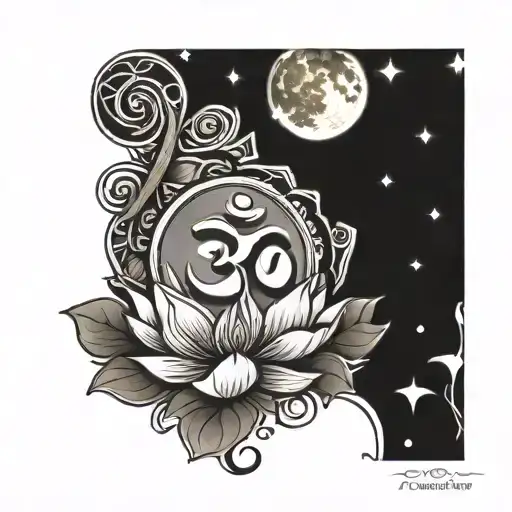 Om Symbol Incorporated With Moon And Lotus Flower