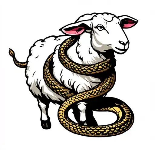 Standing White Sheep With A Snake Wrapped