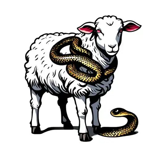 Standing White Sheep With A Snake Wrapped