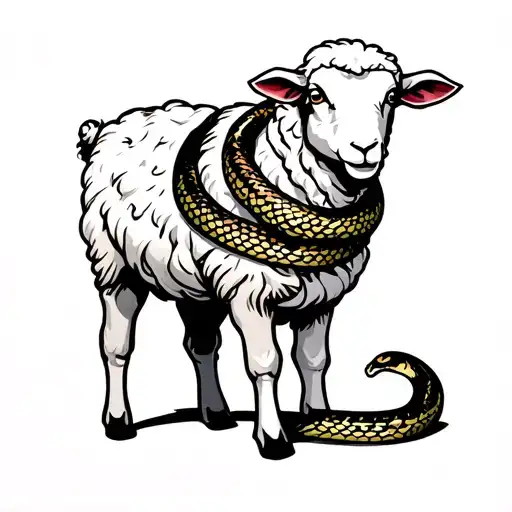 Standing White Sheep With A Snake Wrapped