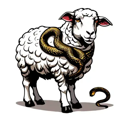 Standing White Sheep With A Snake Wrapped