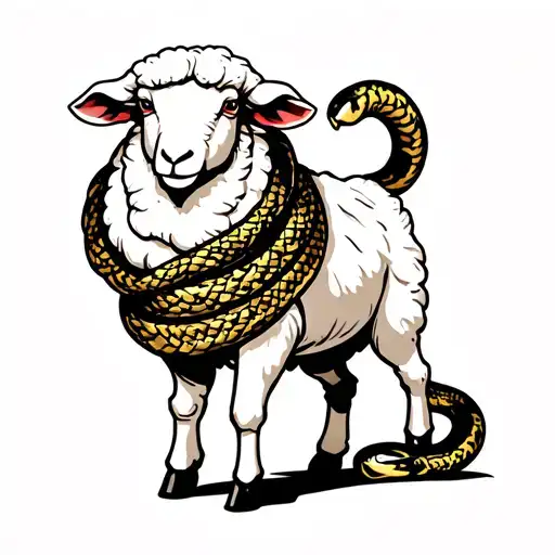 Standing White Sheep With A Snake Wrapped