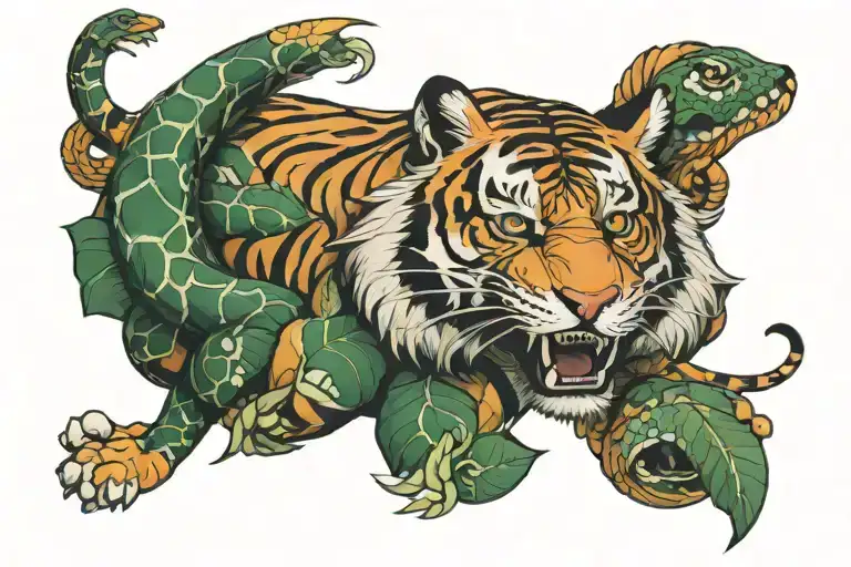 Tiger With Snake Wrapped