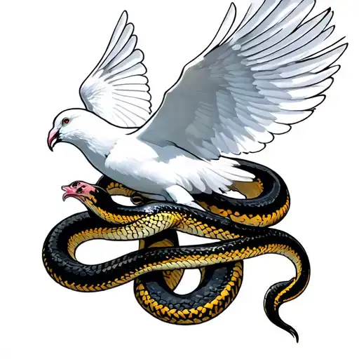 Pure White Dove Flying With A Snake Together