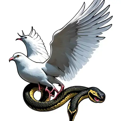 Pure White Dove Flying With A Snake Together
