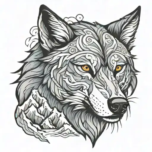 Wolf Head With Mountains