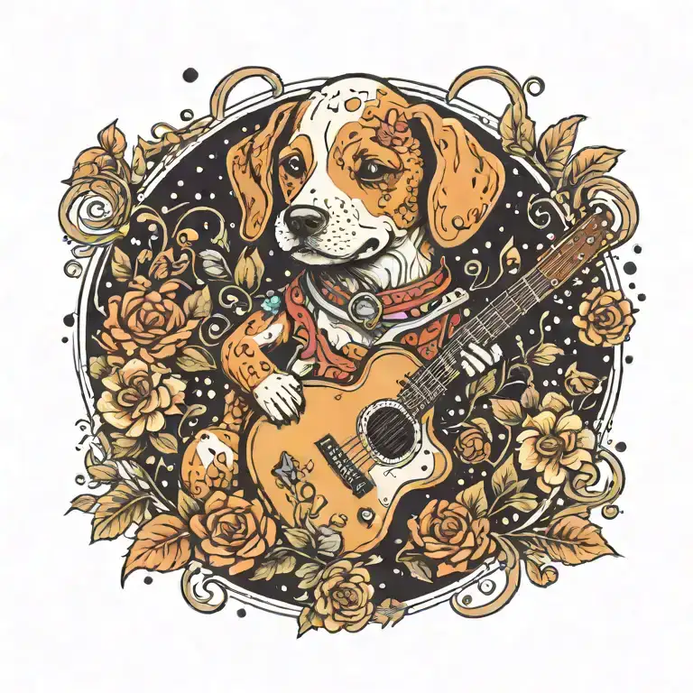 A Whimsical Design Of A Cute Dog Playing A Guitar Surrounded By Musical Notes And Flowers