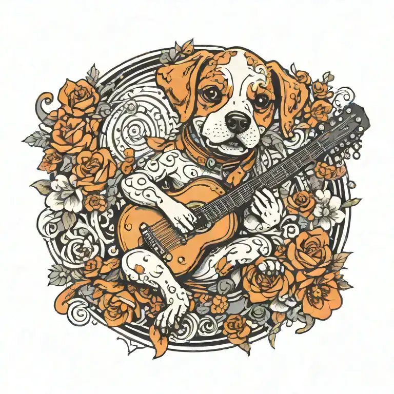 A Whimsical Design Of A Cute Dog Playing A Guitar Surrounded By Musical Notes And Flower And Heart