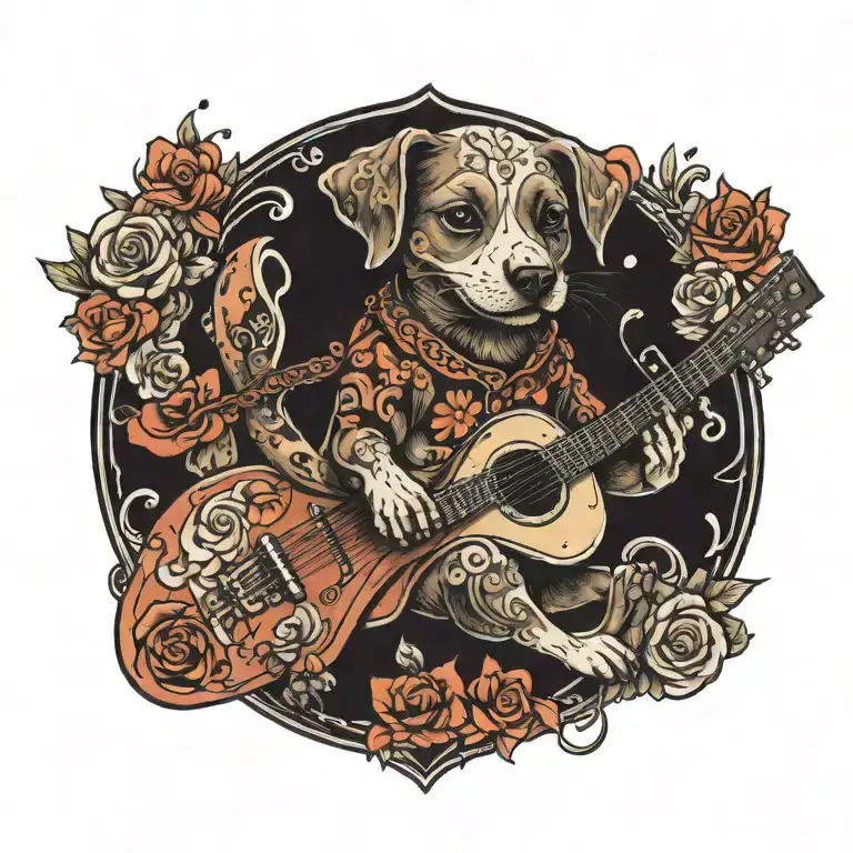 A Whimsical Design Of A Bad Dog Playing A Guitar Surrounded By Musical Notes And Flower And Heart