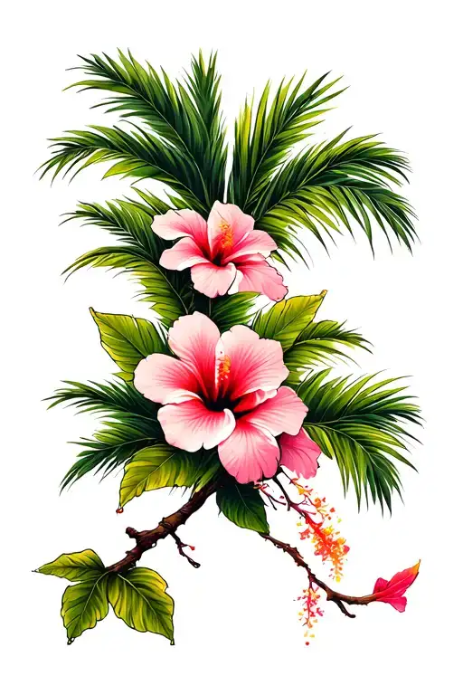 Palm Tree Branch With Hibiscus Flowers