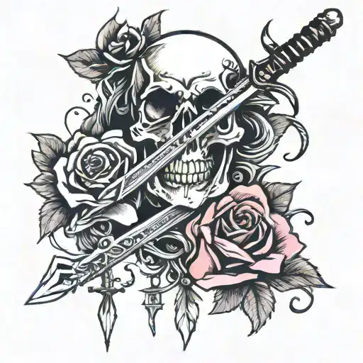 Sword On Temple With Rose To Left Of Sword Then A Noose On The Right Of Sword