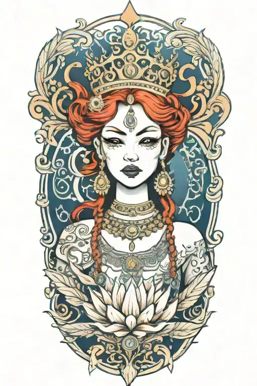 Redhair Goddess Thai Golden Crown Incorporate Blue Sea And Sailboat In The Background
