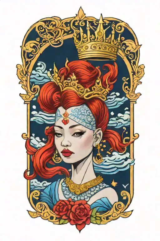 Redhair Goddess Thai Golden Crown Incorporate Blue Sea And Sailboat In The Background