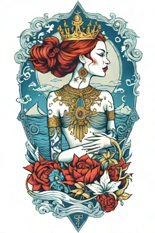 Redhair Goddess Thai Golden Crown Incorporate Blue Sea And Sailboat In The Background
