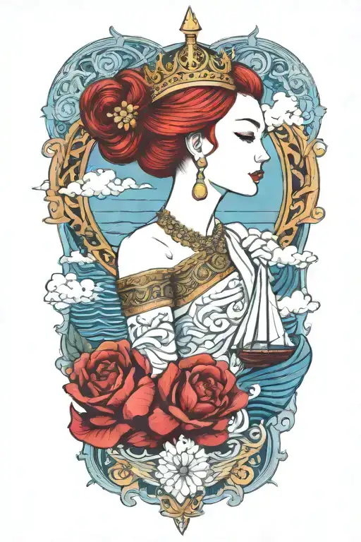 Redhair Goddess Thai Golden Crown Incorporate Blue Sea And Sailboat In The Background