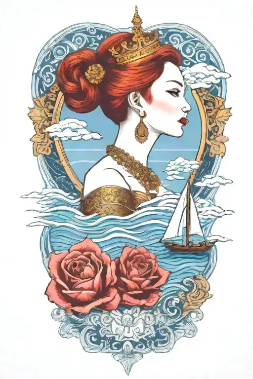 Redhair Goddess Thai Golden Crown Incorporate Blue Sea And Sailboat In The Background
