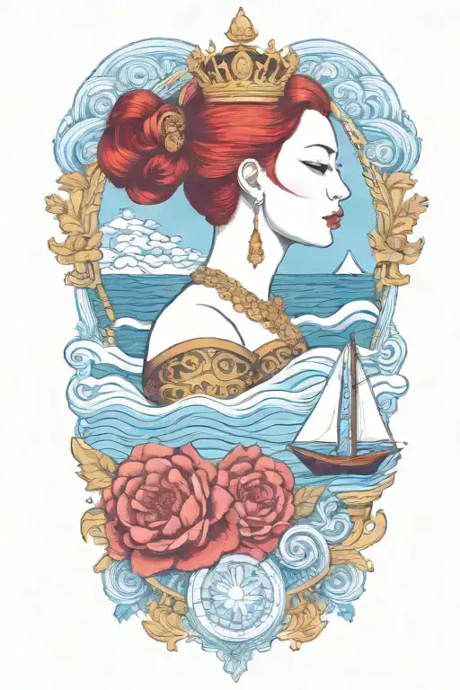 Redhair Goddess Thai Golden Crown Incorporate Blue Sea And Sailboat In The Background