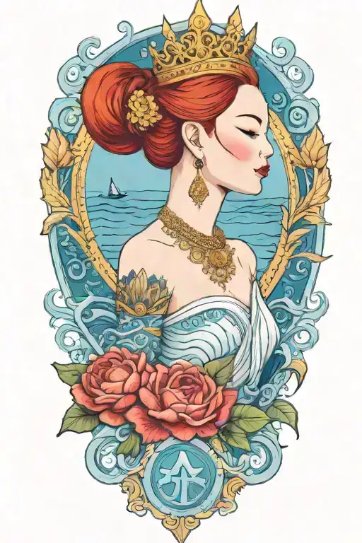 Redhair Goddess Thai Golden Crown Incorporate Blue Sea And Sailboat In The Background