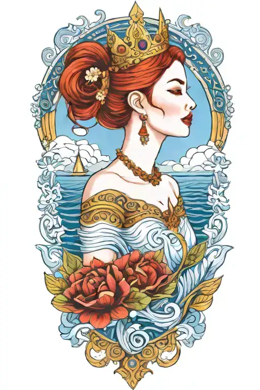 Redhair Goddess Thai Golden Crown Incorporate Blue Sea And Sailboat In The Background