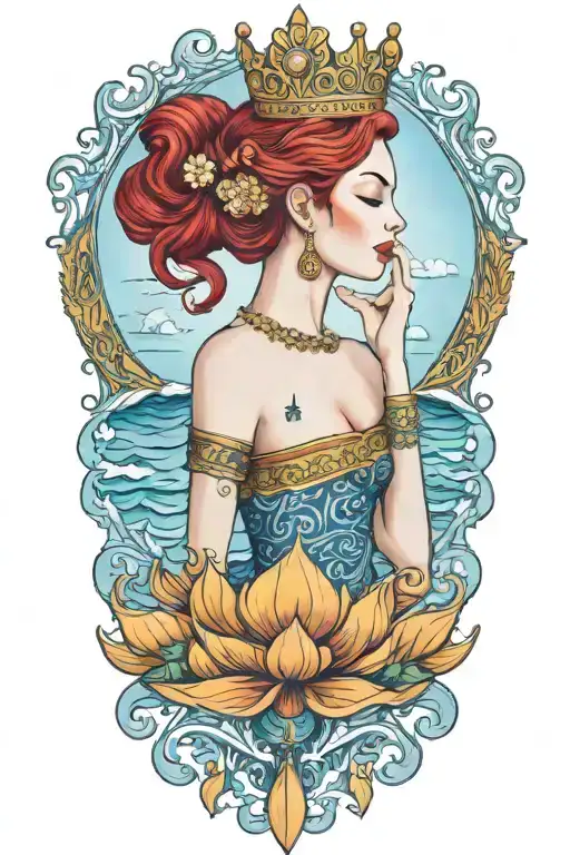 Redhair Goddess Thai Golden Crown Incorporate Blue Sea And Sailboat In The Background