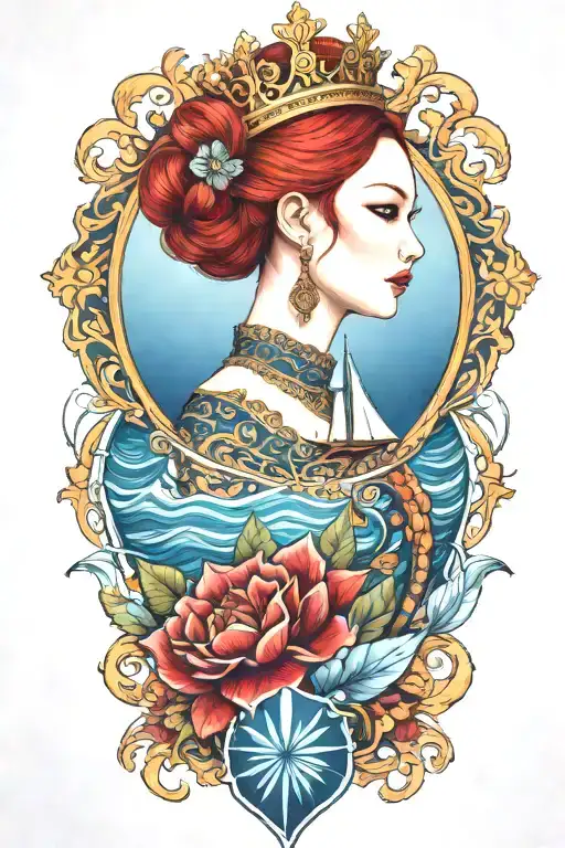 Redhair Goddess Thai Golden Crown Incorporate Blue Sea And Sailboat In The Background
