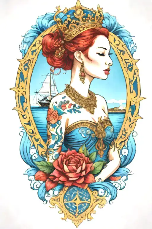 Redhair Goddess Thai Golden Crown Incorporate Blue Sea And Sailboat In The Background