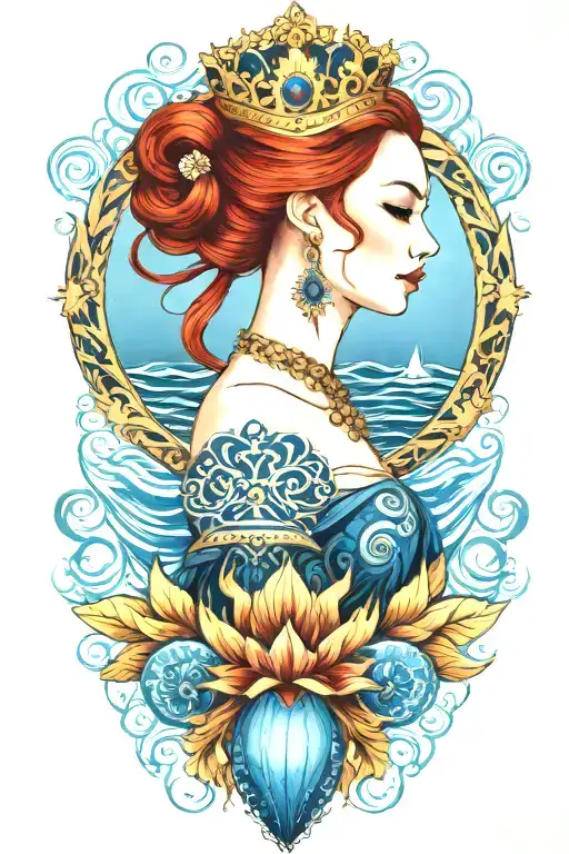 Redhair Goddess Thai Golden Crown Incorporate Blue Sea And Sailboat In The Background