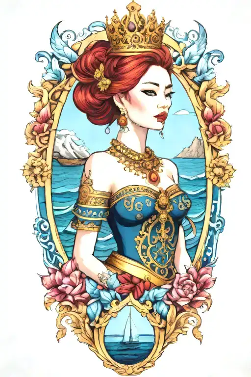 Redhair Goddess Thai Golden Crown Incorporate Blue Sea And Sailboat In The Background