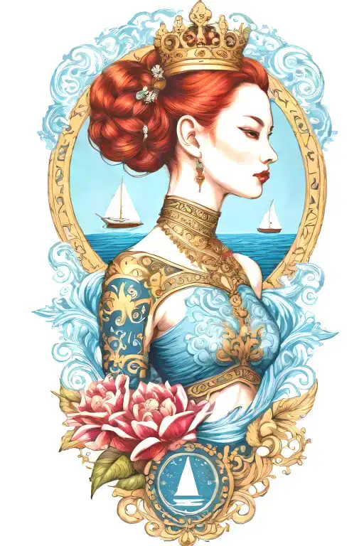 Redhair Goddess Thai Golden Crown Incorporate Blue Sea And Sailboat In The Background