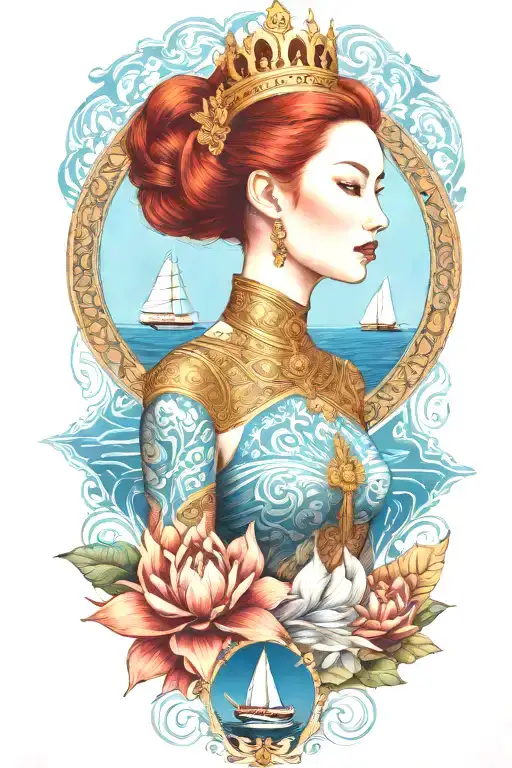 Redhair Goddess Thai Golden Crown Incorporate Blue Sea And Sailboat In The Background