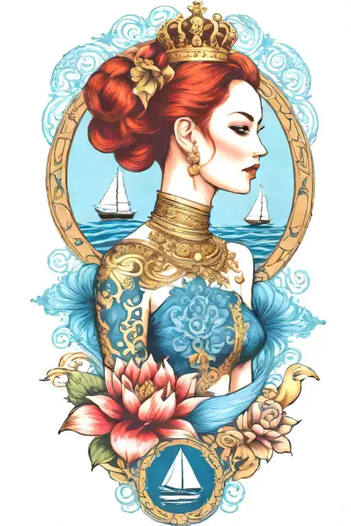 Redhair Goddess Thai Golden Crown Incorporate Blue Sea And Sailboat In The Background