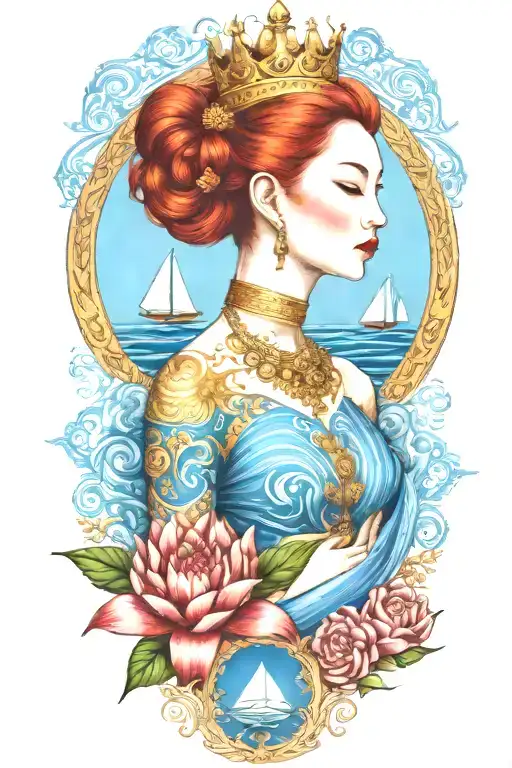 Redhair Goddess Thai Golden Crown Incorporate Blue Sea And Sailboat In The Background