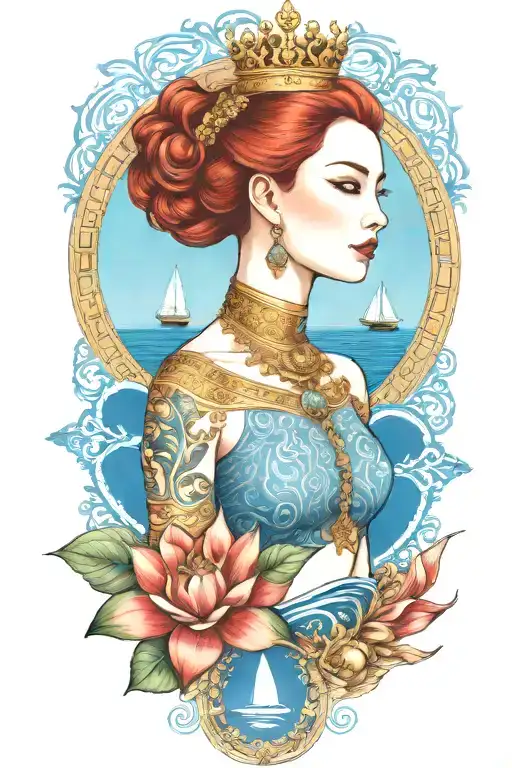 Redhair Goddess Thai Golden Crown Incorporate Blue Sea And Sailboat In The Background