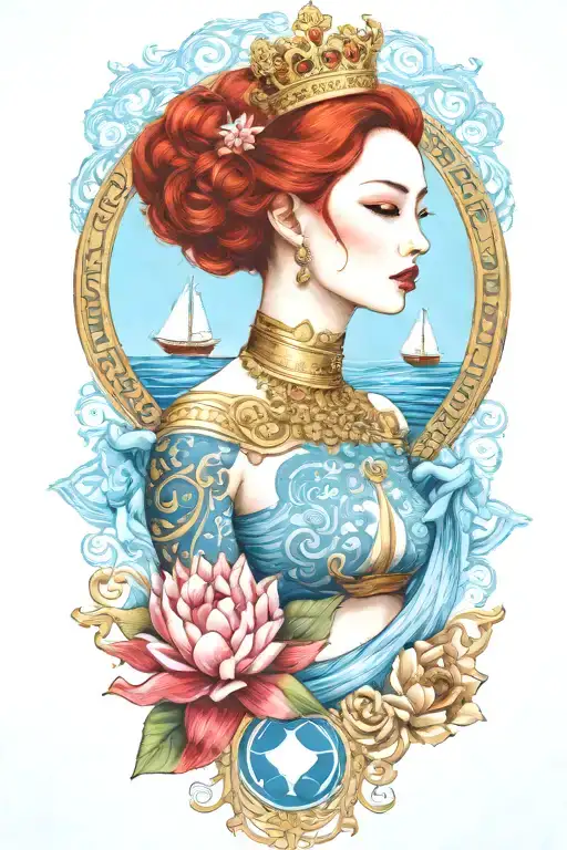 Redhair Goddess Thai Golden Crown Incorporate Blue Sea And Sailboat In The Background