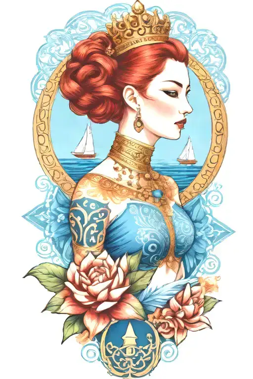 Redhair Goddess Thai Golden Crown Incorporate Blue Sea And Sailboat In The Background