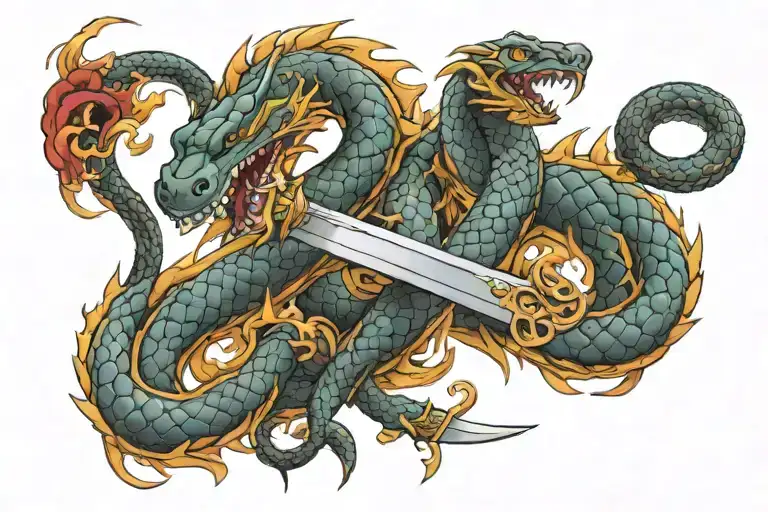 Snake And Dragon Wrapped Around Sword