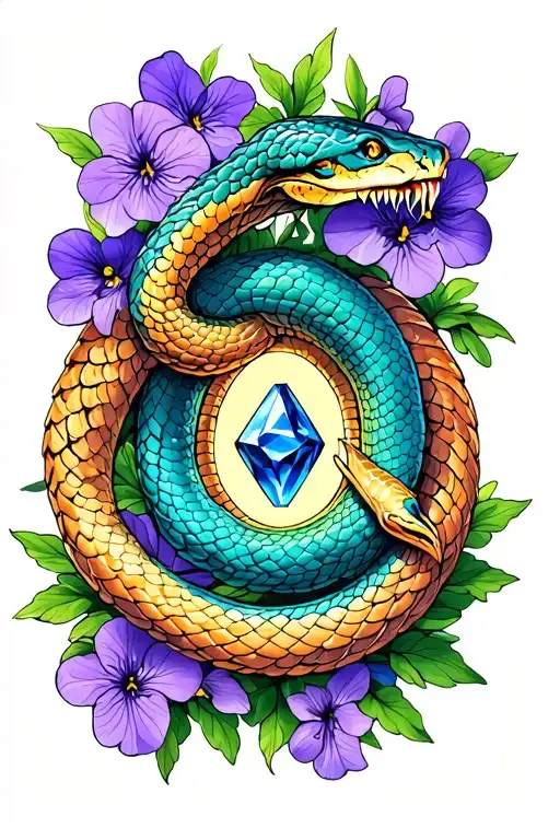 Ouroboros Snake With Stone In Middle Surrounded By Violets