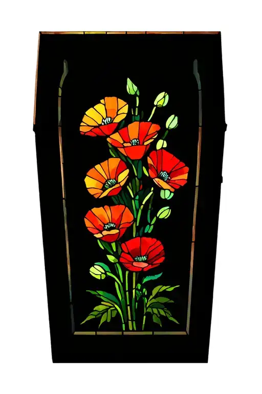 Stained Glass Window With Growing Poppy Flowers And Growing Morning Flory Flowers